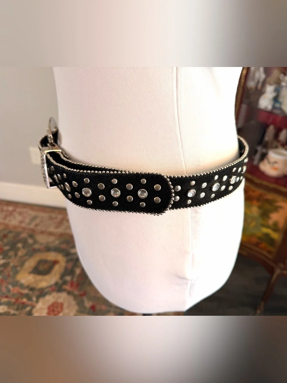 Black Western Rhinestone Studded Belt with Decorative Silver Buckle